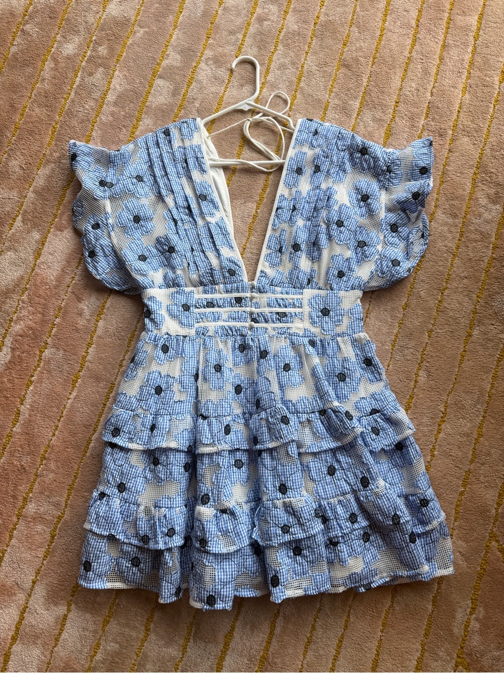 BuddyLove Blue Gingham Floral Ruffle Mini Dress Large